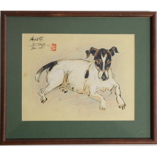 19 - Five varied framed original Chinese painted Pictures, dogs and horses, each signed M. Tang, and a  J... 