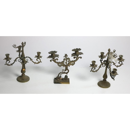 22 - A pair of brass four branch Candelabra, another two branch ditto, and a Sienna marble Bird Bath. A l... 