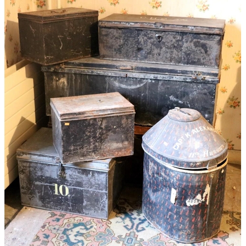 27 - A collection of 8 antique steel Deed and Military Boxes, some inscribed 'Alexander'. As a lot. (8)