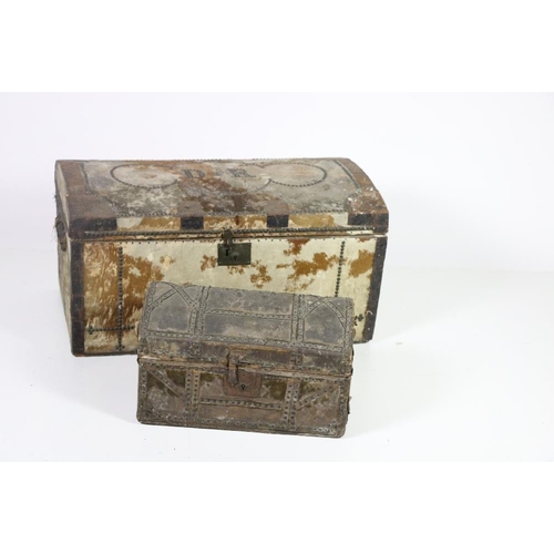 51 - A large 18th Century hide covered Trunk, brass studded, and with initials D.R., and a smaller dome t... 