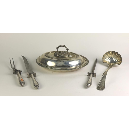 10 - Plateware: A small collection including a matching carving knife, fork, and sharpener, with engraved... 