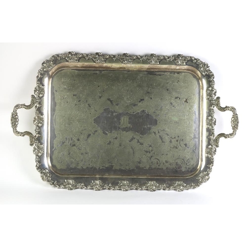 17 - A large 19th Century silver plated two handled Tray, with engraved body with central monogram, and b... 