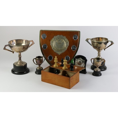 18 - A collection of small Trophies, two plaques, and a Chess Set, w.a.f., as a lot. (7)Provenance: Paul ... 