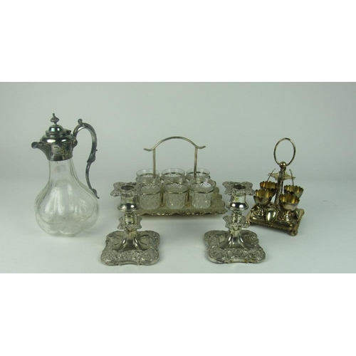 3 - Plateware: A pair of Victorian moulded Bachelors Candlesticks, a plated Claret Jug, and other variou... 