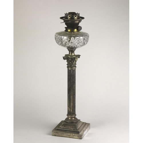 9 - A tall 19th Century silver plated Table Lamp, in the Corinthian style with cutglass bowl, 59cms (23