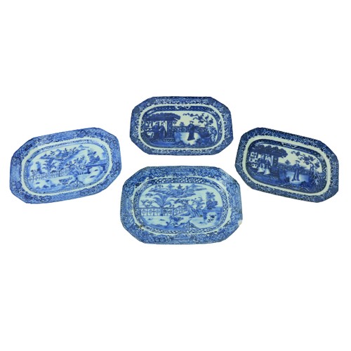 12 - Two pairs of Xiangshi blue and white porcelain Platters, each of rectangular form with canted corner... 