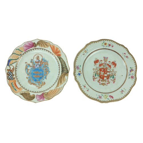 17 - Two similar 18th Century Chinese armorial Export Plates, each of circular serpentine form, one decor... 