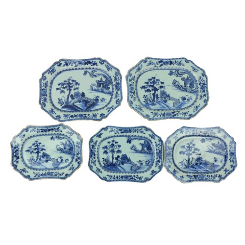 34 - A pair of 18th Century Nankin blue and white porcelain Platters, of shaped rectangular form, decorat... 