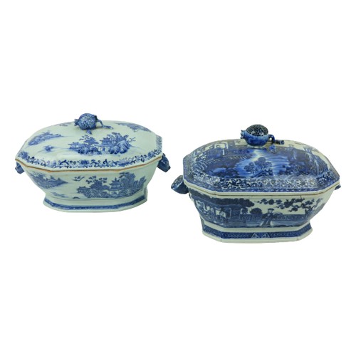 39 - A Chinese blue and white Nankin Tureen and Cover, decorated with lake scene, with pomegranate finial... 