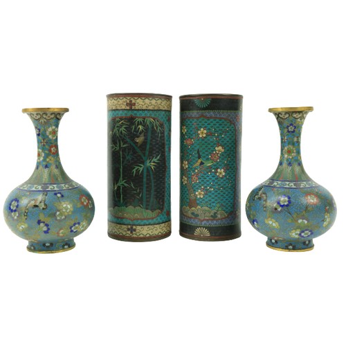 45 - A pair of Chinese cloisonné enamel Vases, of cylindrical form, decorated with colourful flowers and ... 