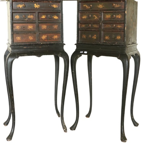 477 - A pair of late 18th Century / early 19th Century black Japanned Chest on Stands, each with an arrang... 