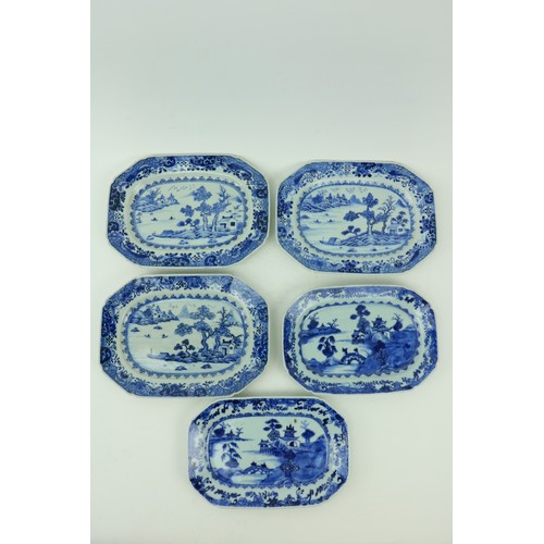 36 - A set of three 18th Century Nankin blue and white porcelain Platters, decorated with boat houses and... 