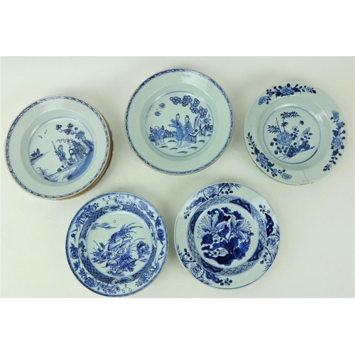 58 - A set of 5 - 18th Century Chinese blue and white Pudding Bowls, each with a female and dog in a boat... 