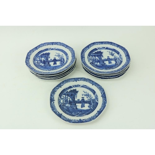 59 - A good set of 12 - 18th Century Chinese blue and white octagonal Plates, each with figures on a balc... 