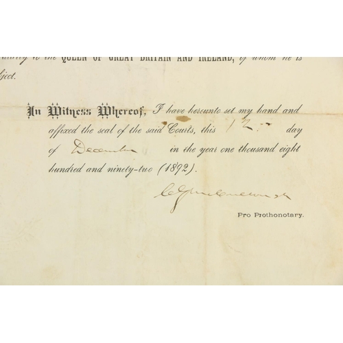 635 - An Irishman Applies for U.S. Citizenship, 1892An official engraved and printed Certificate, dated 12... 