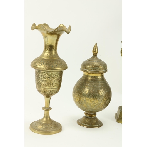 16 - A pierced and embossed Oriental brass Incense Burner and Cover, and two pairs of Benares brass Vases... 