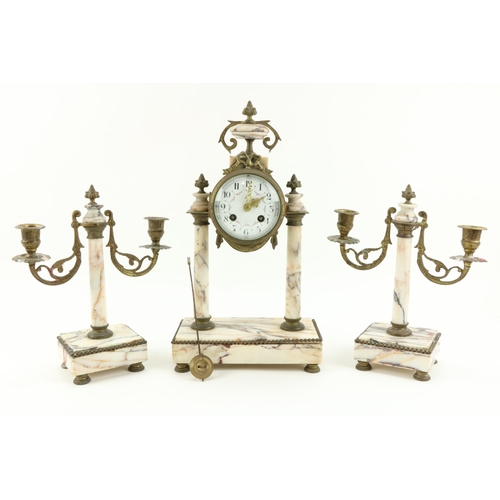 18 - An attractive speckled marble Clock Garniture, the Clock with circular floral decorated enamel dial ... 