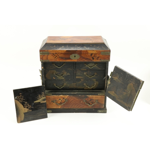 19 - A small 19th Century Japanese lacquer and specimen wooden Table Cabinet, with plated mounts; a rosew... 