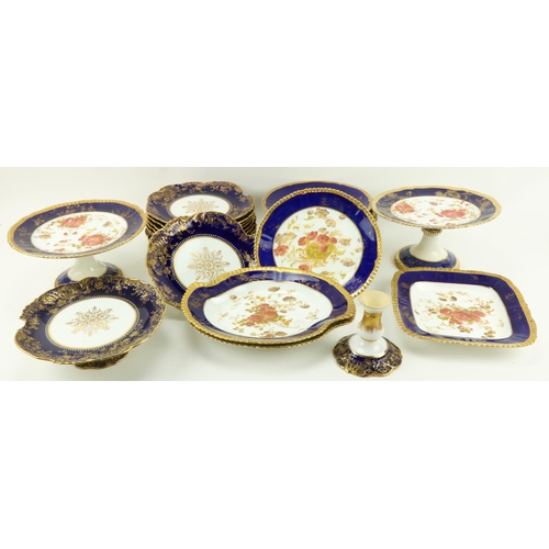 24 - An attractive Aynsley gilt heightened royal blue Dessert Service, 14 pieces; also another similar 18... 