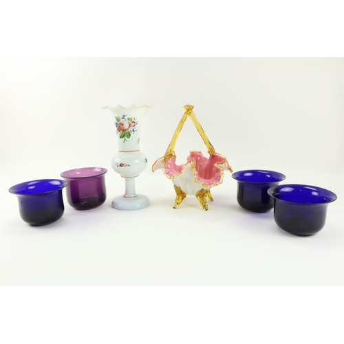 29 - An attractive pink, white and amber glass Bowl, a milk glass floral decorated Vase, and four Bristol... 