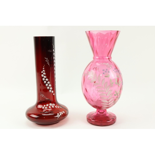 35 - A tall cranberry glass Vase, hand painted in the Mary Gregory style, 28cms (11
