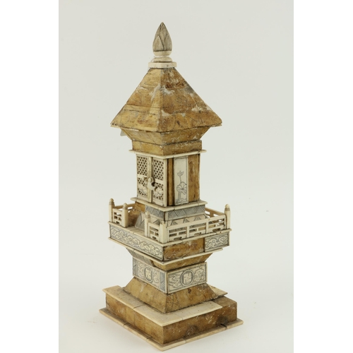4 - A 19th Century Oriental etched ivory and bone Pagoda Shrine, the upper portion with two carved and p... 
