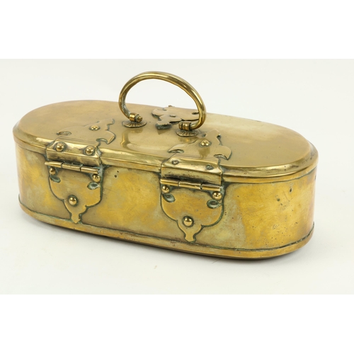 43 - An unusual early 19th Century large heavy brass Tobacco Box, with shaped hinges, handle and lock, ap... 