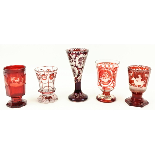 44 - A collection of five etched and engraved 19th Century Bohemian glass Goblets & Glasses.  (5)... 