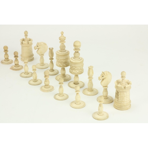 55 - An attractive late 19th Century carved ivory Chess Set, (32 pieces complete) with half stained red, ... 