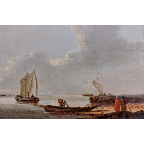 22 - Circle of William Anderson (1757 - 1837) 'Fisherfolk in a Harbour,' O.O.P., 8' x 13 1/2' (20cms... 
