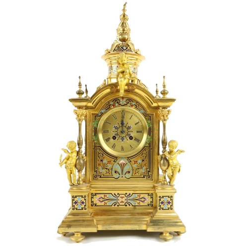 46 - A fine quality Renaissance style ormolu and champlevé enamel Clock, by Japy Freres, raised on steppe... 