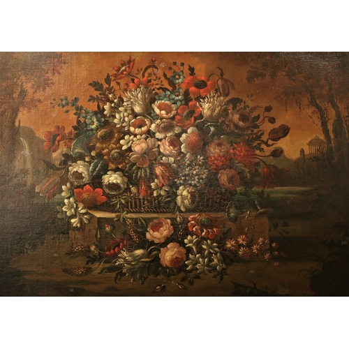 50 - Late 18th Century Flemish School Still Life, a large 'Colourful Basket of Flowers, with landsca... 