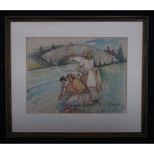 10 - Peter Engel Washerwomen Watercolour, 39 x 56 cms. Signed and dated lower right &   English School Ki... 