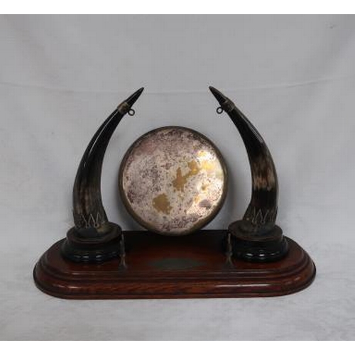 18 - An Edwardian table dinner gong mounted on horns oak base, 48 cms long.