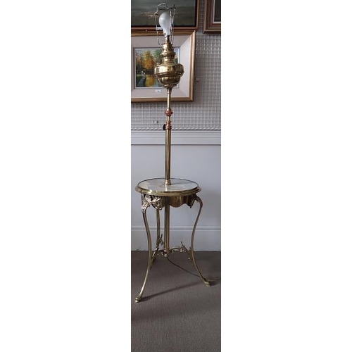 7 - A brass and copper standard lamp on concave supports with white circular marbleised shelf, & an Edwa... 