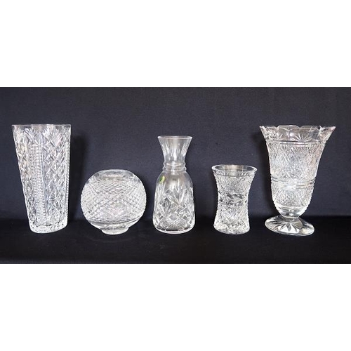 24 - Three Waterford crystal vases, height 24.5, 22 & 15 cms and another cut glass vase with flared rim, ... 