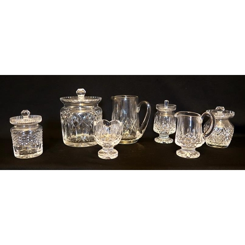 26 - A collection of Waterford crystal including biscuit barrell and lid, height 14.5 cms, a jug, height ... 