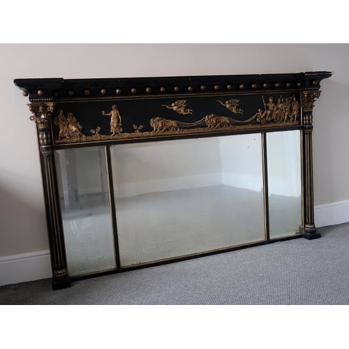 60 - A Victorian ebonised and gilded compartmented mirror, the frieze decorated with chariot and godesses... 