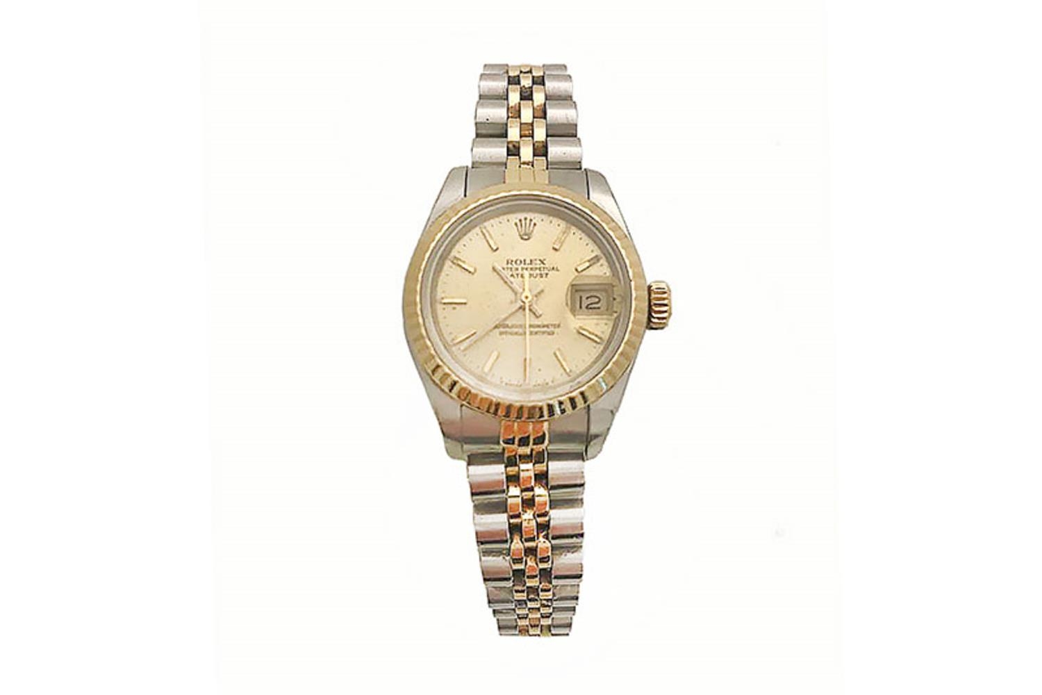 A LADY'S ROLEX BI METAL OYSTER PERPETUAL DATE JUST WRIST WATCH, with baton markers, boxed with bookl