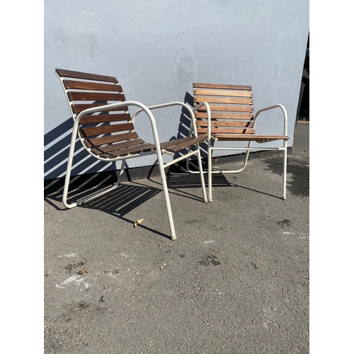 A Pair of Mid Century Teak and tubular Metal  Garden Chairs