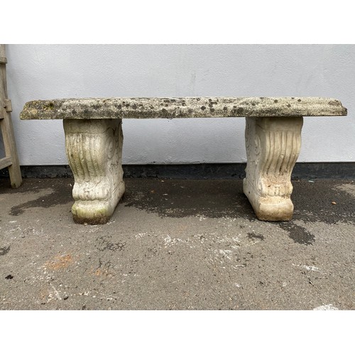 Vintage Stone Cast Garden Bench Seat Heavy
Stone bench showing lovely patina. This has two pillars with a removable top. 
Comes in three pieces.
Height - 40cm
Width - 102cm
Depth - 37cm