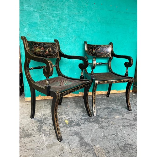 Pair of Black Lacquered Ebonised Hand Painted Gold Relief Oriental Rush Seat Pad Chairs in an Antique Style
Mid - Late 20th Century