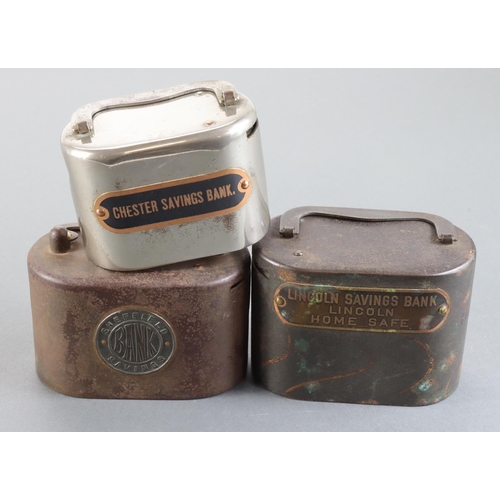 27 - Money box (3), Sheffield Savings Bank iron oval box no.11255 without key, Lincoln Savings Bank brass... 