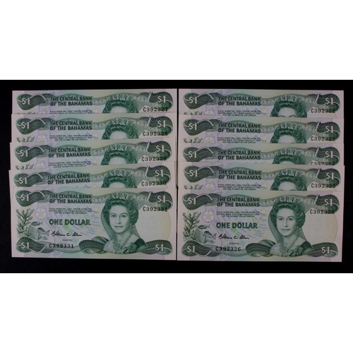 496 - Bahamas 1 Dollar (10) dated Law 1974, signed W. C. Allen, a consecutively numbered run of 10 notes, ... 