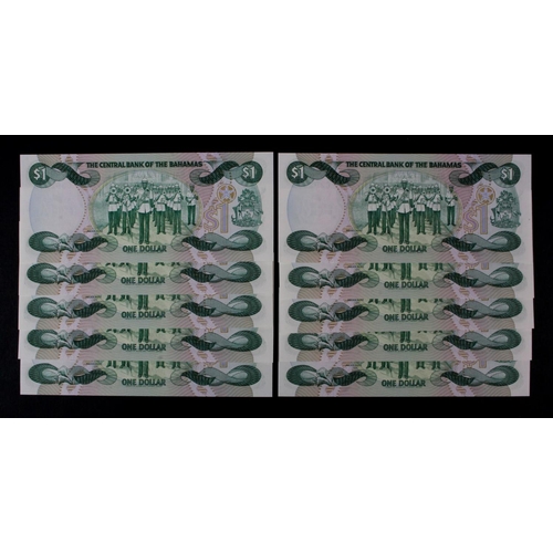 496 - Bahamas 1 Dollar (10) dated Law 1974, signed W. C. Allen, a consecutively numbered run of 10 notes, ... 
