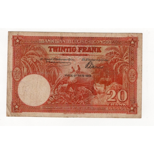 500 - Belgian Congo 20 Francs dated 10th May 1944, 'Cinquieme Emission-1944' overprint on front, serial Q4... 
