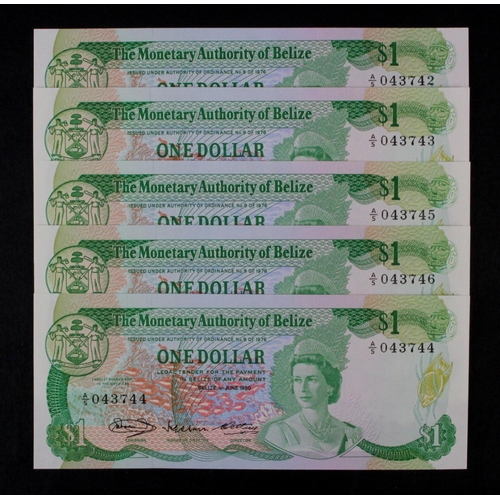 503 - Belize 1 Dollar dated 1st June 1980 (5), a consecutively numbered run of 5 notes, serial A/5 043742 ... 