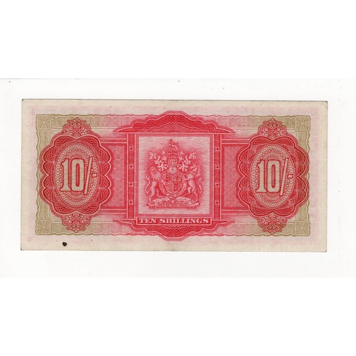 508 - Bermuda 10 Shillings dated 1st May 1957, portrait Queen Elizabeth II at centre, serial Q/1 436087 (T... 