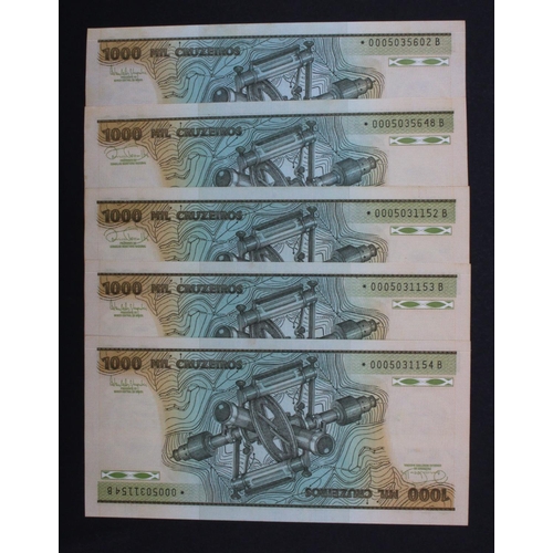 514 - Brazil 1000 Cruzeiros (5) issued 1981 - 1986, a group of REPLACEMENT notes with (*) prefix, includin... 