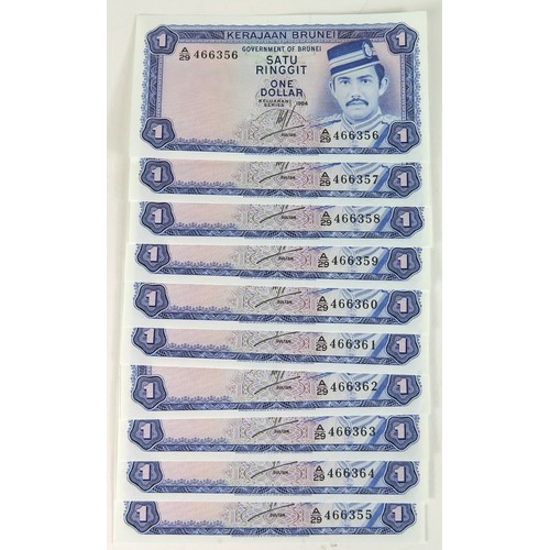 518 - Brunei 1 Ringgit (10) dated 1984, a consecutively numbered run of 10 notes, serial A/29 466355 - A/2... 
